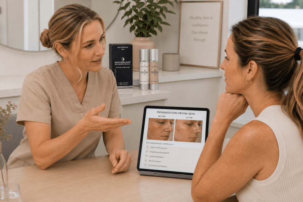 Professional skin consultation for pigmentation-prone skin in a clinic