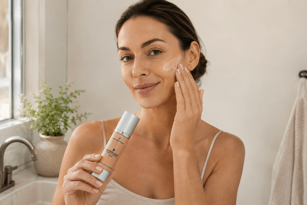 Niacinamide face cream being applied as part of a daily skincare routine