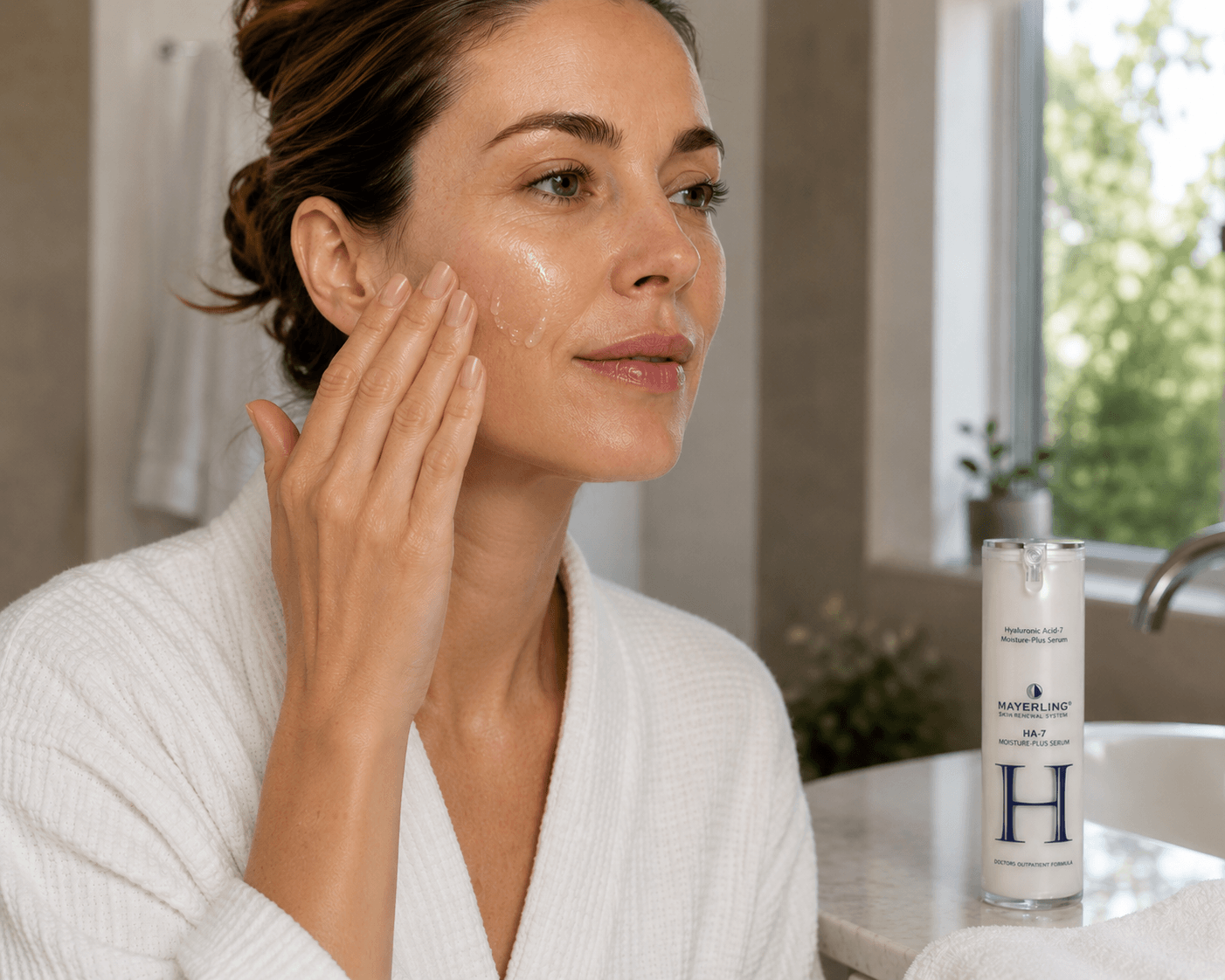 Hyaluronic acid serum being applied to damp skin as part of a hydration skincare routine