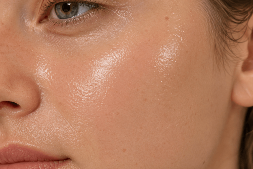 Close-up of hydrated dewy skin showing a smooth and plump complexion