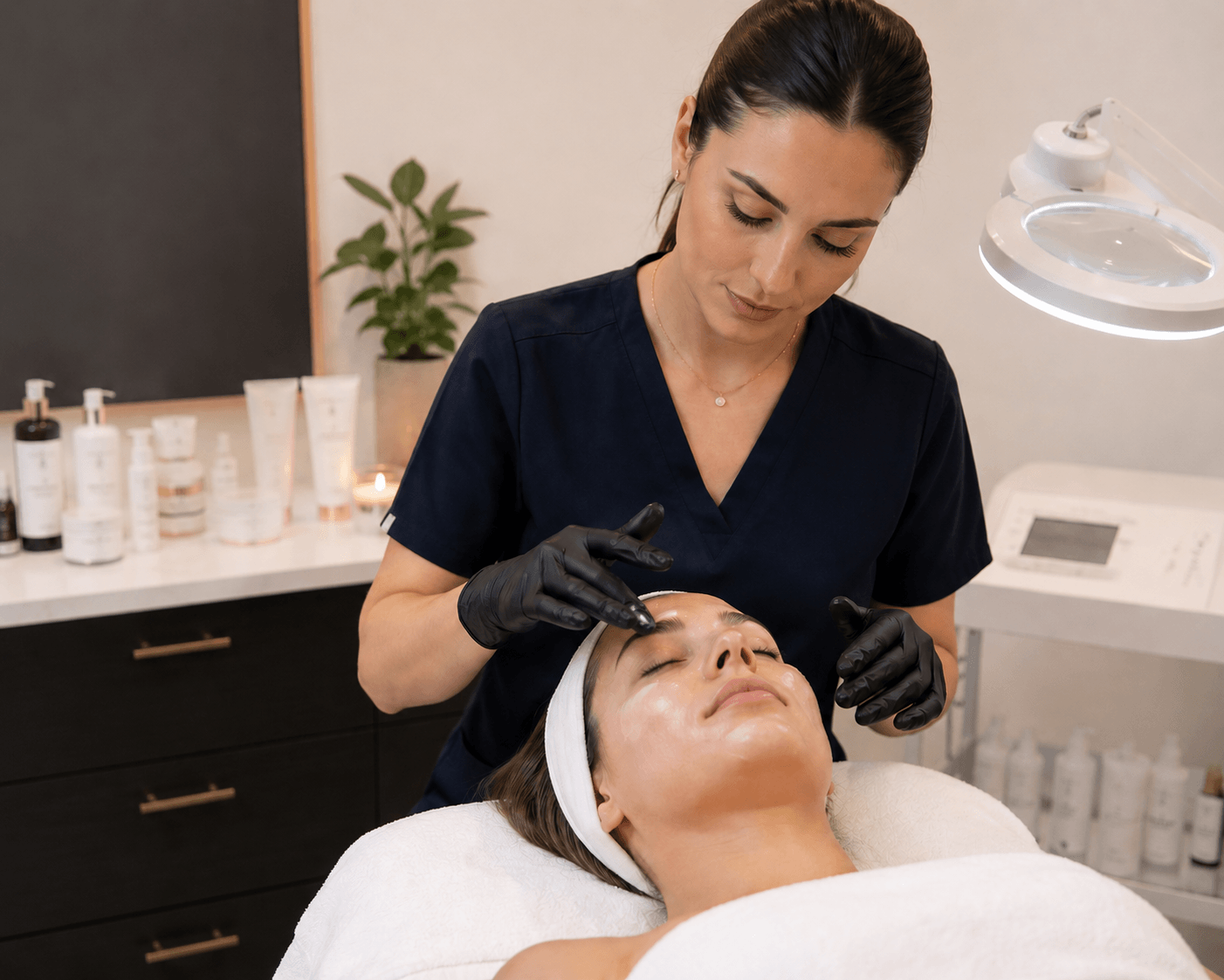 Practitioner applying post-treatment skincare following a professional skin treatment