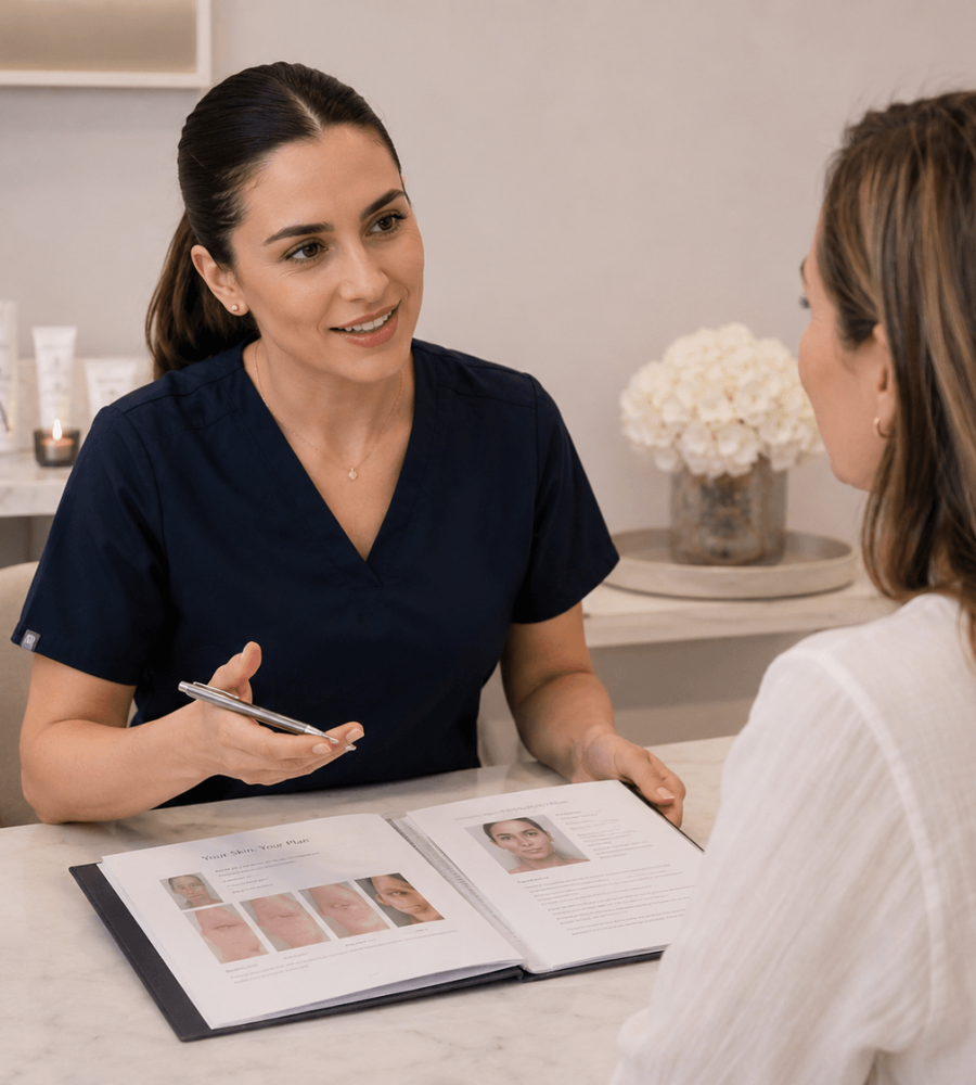 Practitioner speaking with a client during a skin consultation
