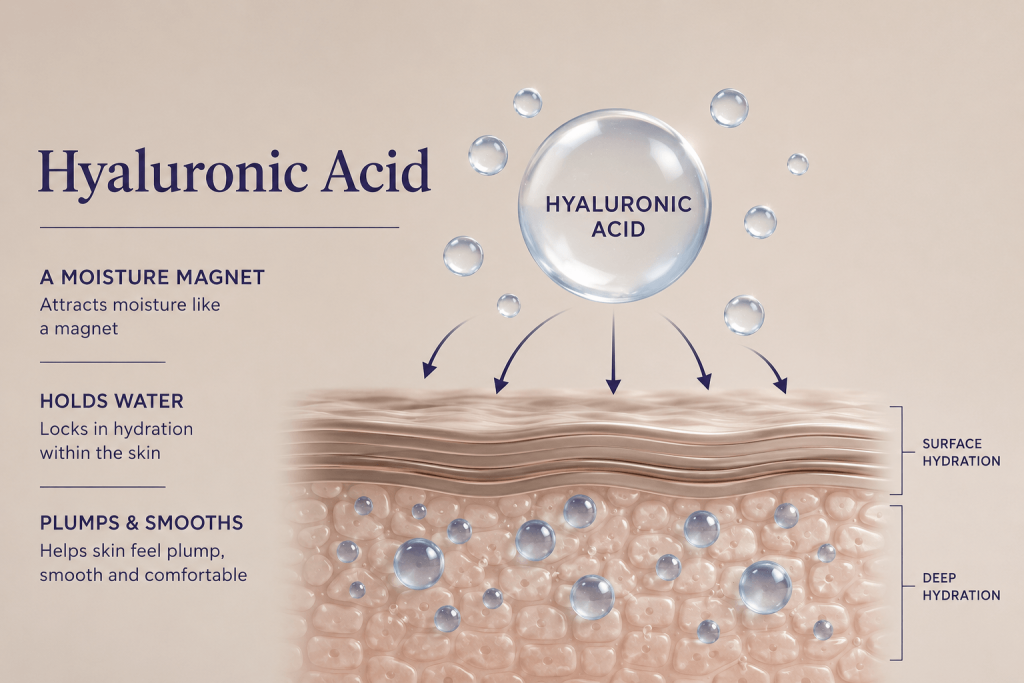 Hyaluronic acid infographic showing how it attracts and holds moisture within the skin
