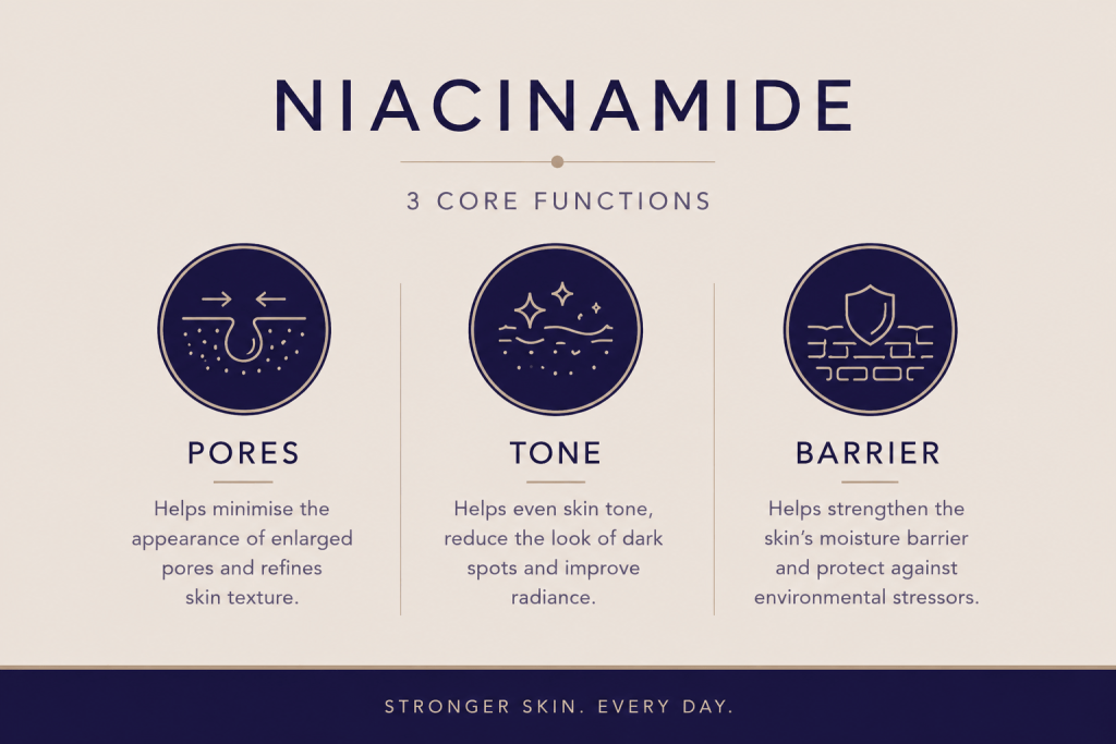 Niacinamide benefits infographic showing support for pores skin tone and skin barrier